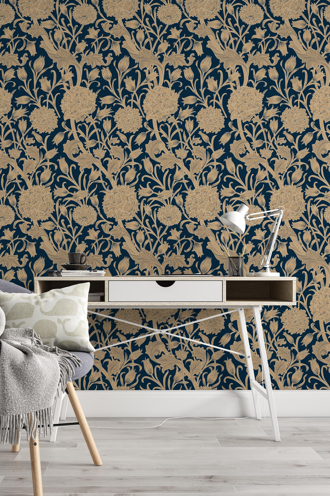 William Morris Flowers on dark - Peel and Stick - Traditional Wallpaper #3651