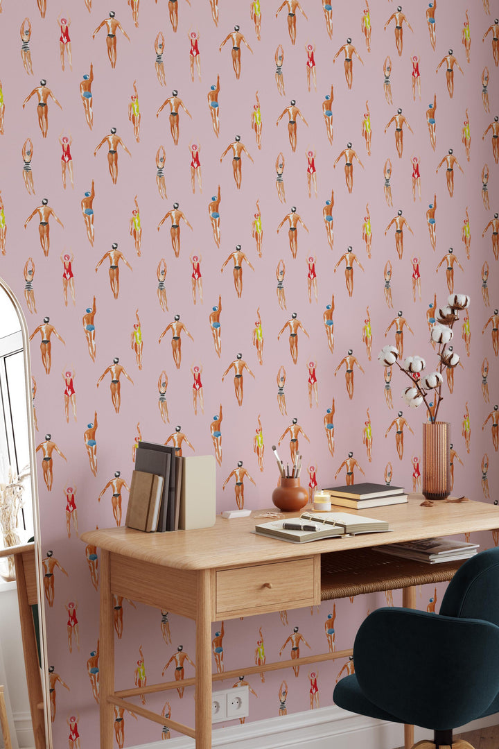 Swimmers Retro Wallpaper Pink Background - Peel & Stick Wallpaper - Removable Self Adhesive and Traditional wallpaper  3641