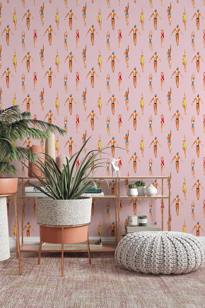 Swimmers Retro Wallpaper Pink Background - Peel & Stick Wallpaper - Removable Self Adhesive and Traditional wallpaper  3641