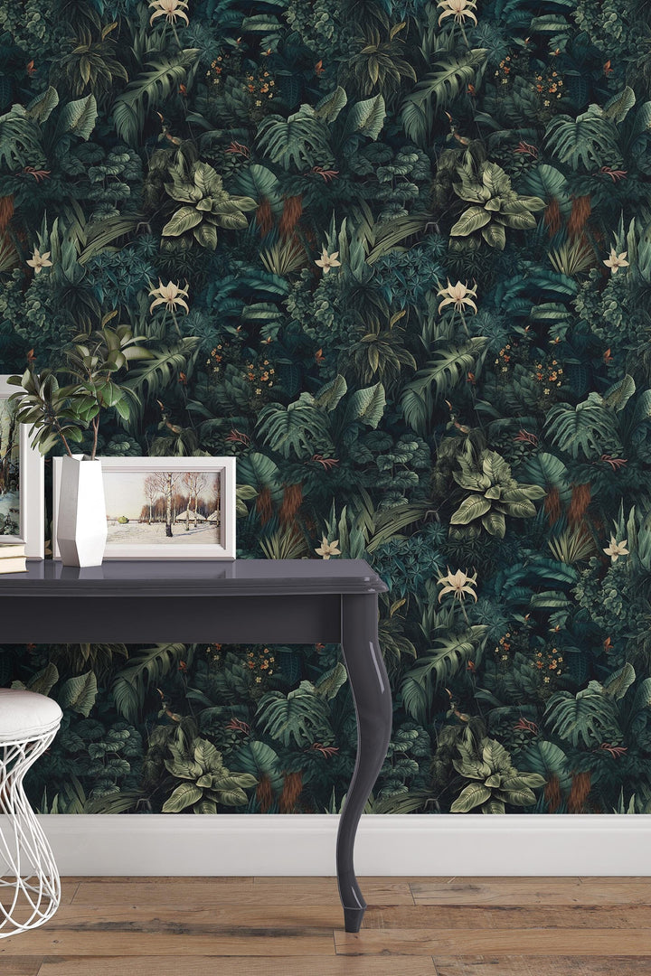 Dark leaves wallpaper -  Peel and Stick - Traditional Wallpaper #3673