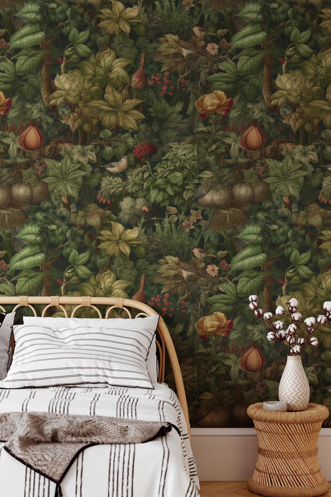 Leaves and birds  - Peel and Stick wallpaper, Traditional wallpaper design #3674