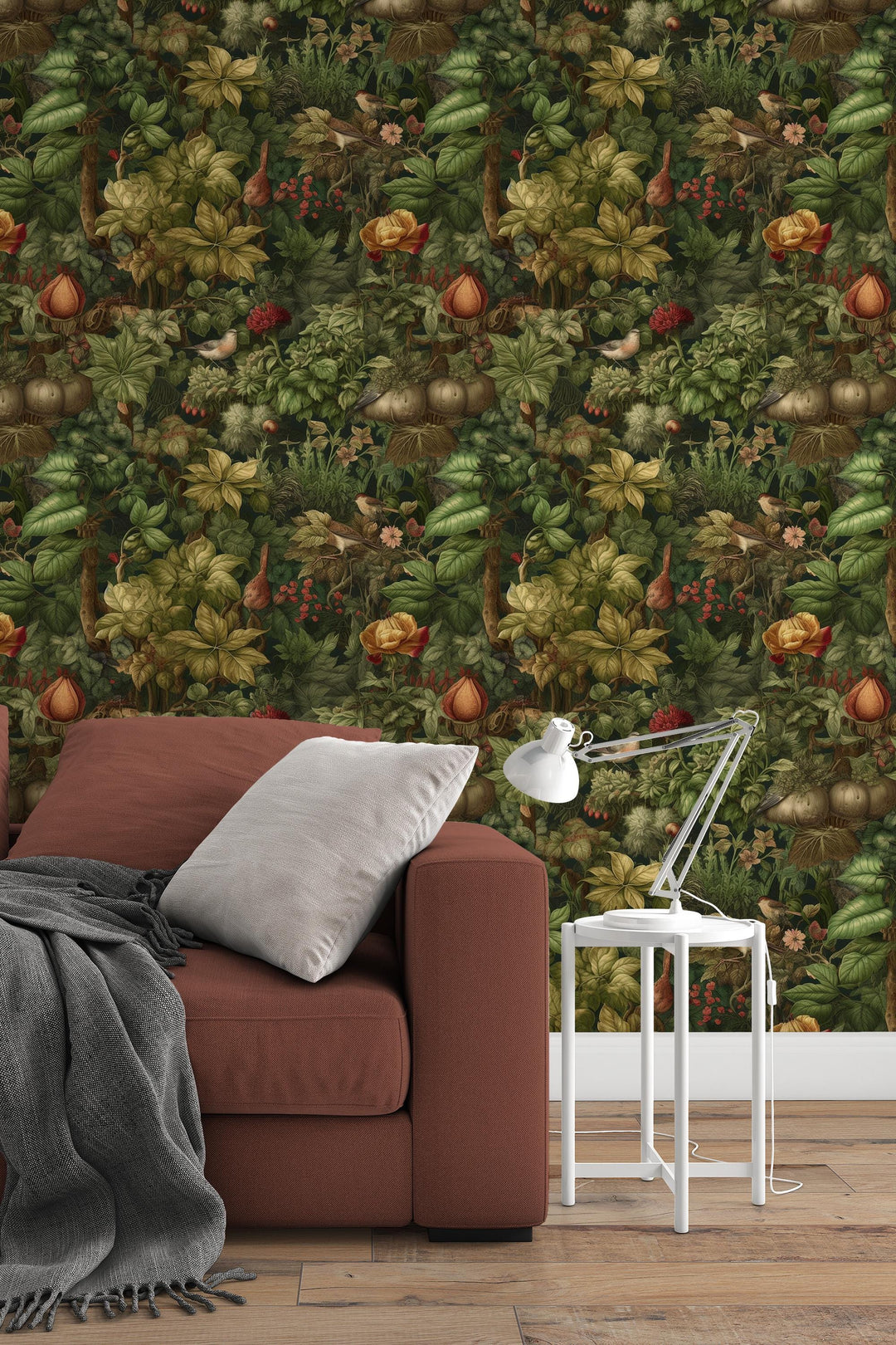 Leaves and birds  - Peel and Stick wallpaper, Traditional wallpaper design #3674