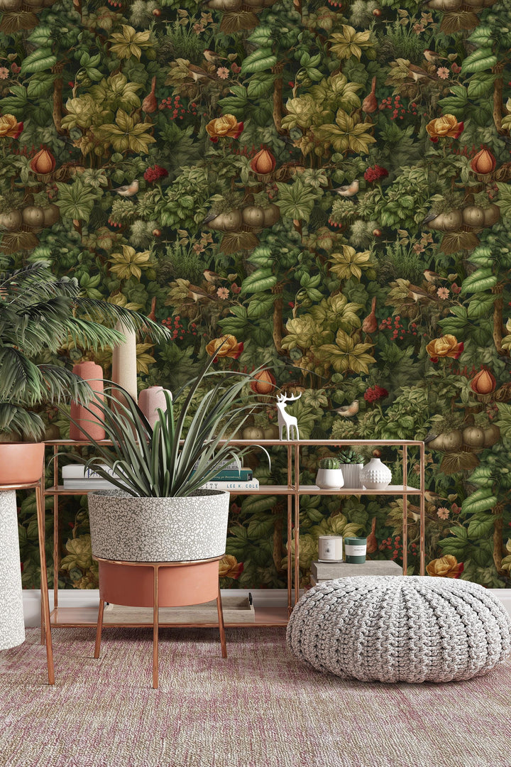 Leaves and birds  - Peel and Stick wallpaper, Traditional wallpaper design #3674