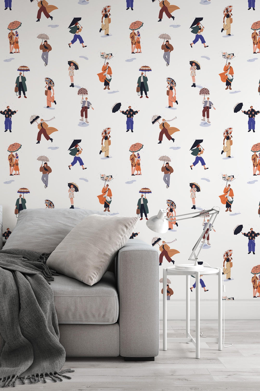 People and umbrella Retro White Wallpaper - Peel & Stick Wallpaper - Removable Self Adhesive and Traditional wallpaper #3564