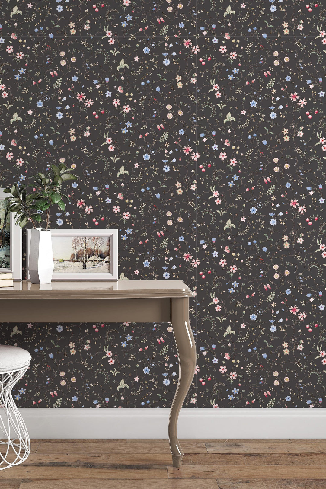 EXCLUSIVE PATTERNS - Mixed herbs on dark  Peel & Stick wallpaper - Removable Self Adhesive and traditional wallpaper #3677