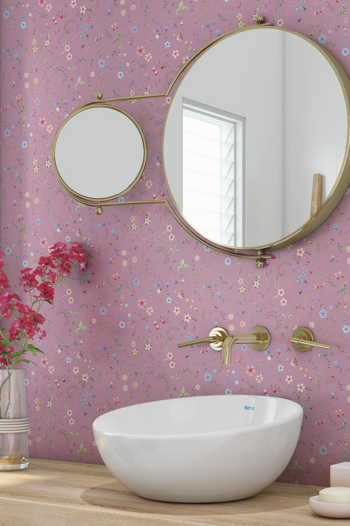 EXCLUSIVE PATTERNS - Mixed herbs on dark pink  Peel & Stick wallpaper - Removable Self Adhesive and traditional wallpaper #3678