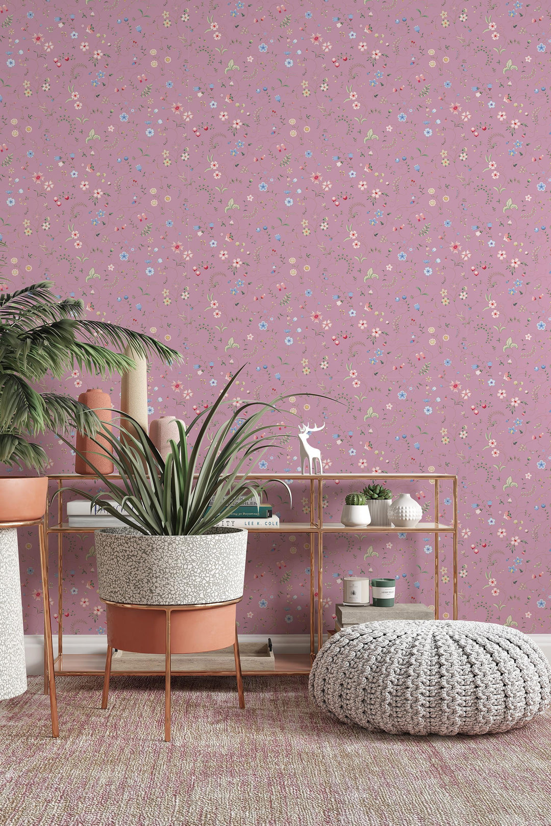 Mixed herbs on dark pink  Peel & Stick wallpaper - Removable Self Adhesive and traditional wallpaper #3678