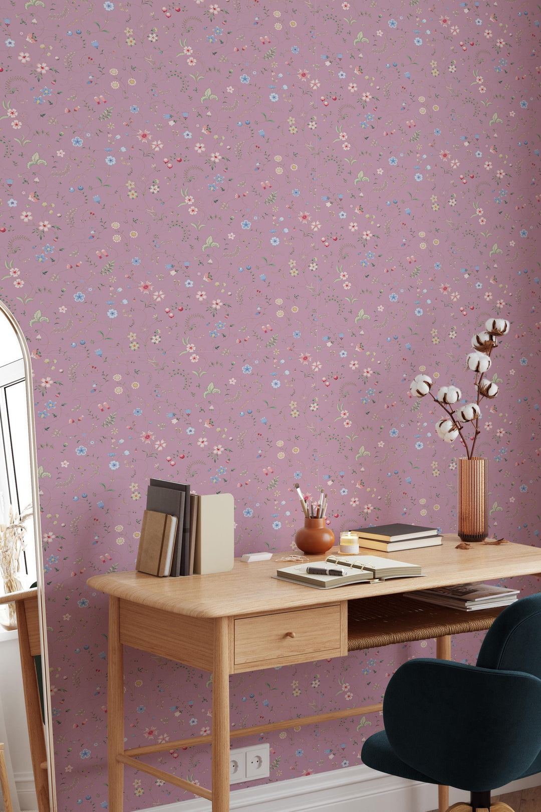 EXCLUSIVE PATTERNS - Mixed herbs on dark pink  Peel & Stick wallpaper - Removable Self Adhesive and traditional wallpaper #3678