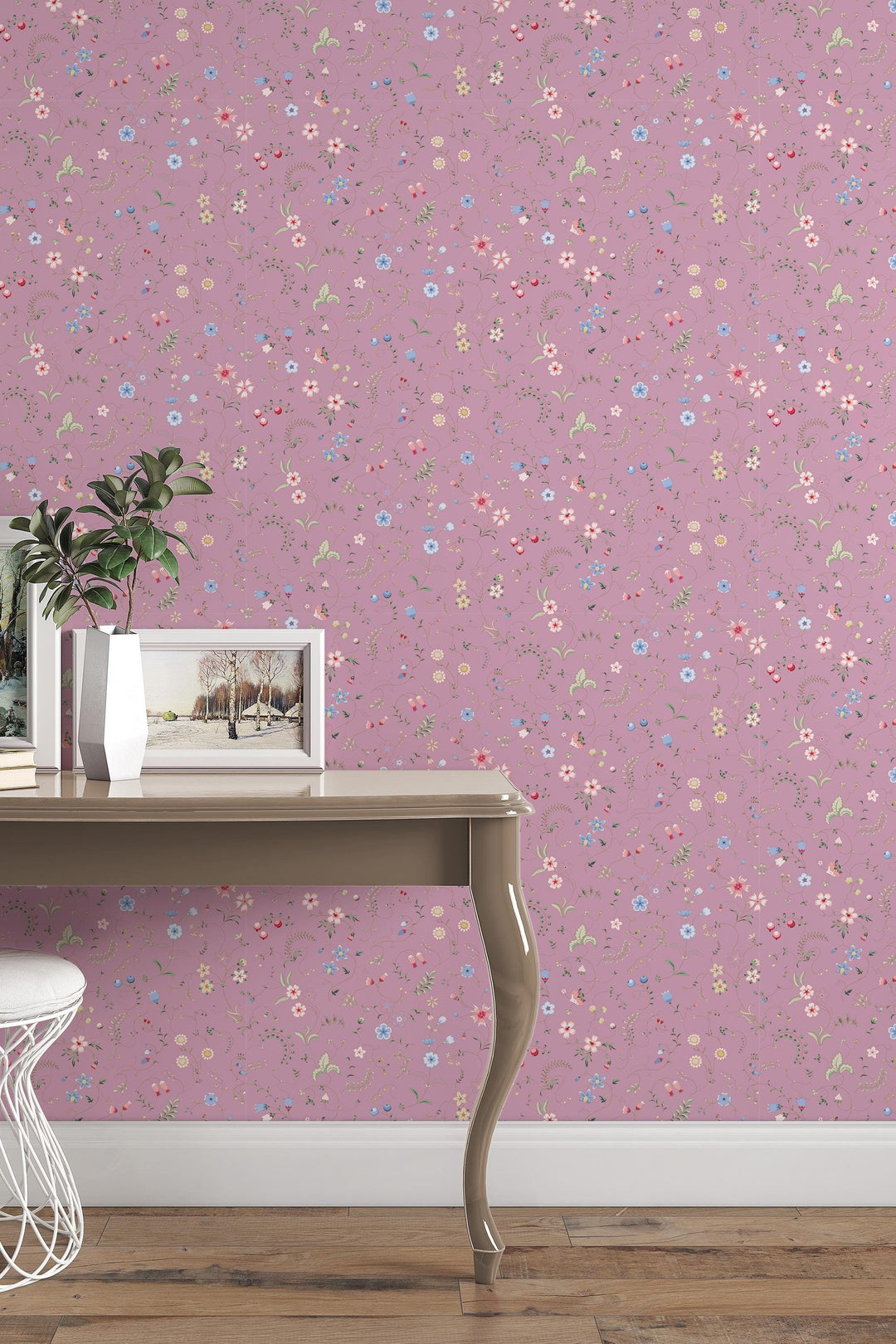 Mixed herbs on dark pink  Peel & Stick wallpaper - Removable Self Adhesive and traditional wallpaper #3678