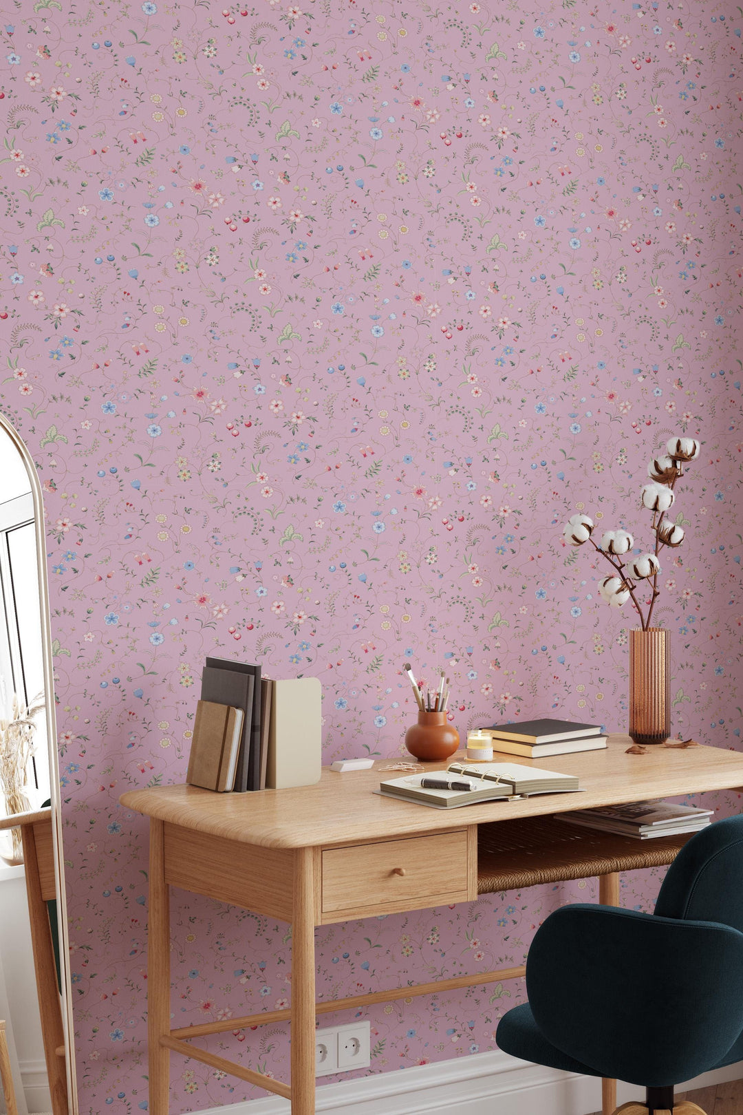 EXCLUSIVE PATTERNS - Mixed herbs on pink Peel & Stick wallpaper - Removable Self Adhesive and traditional wallpaper #3679