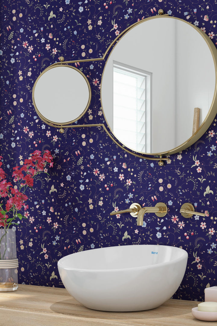 Tiny wildflowers wallpaper, dark blue background - Peel and Stick wallpaper, Traditional Canvas 3680