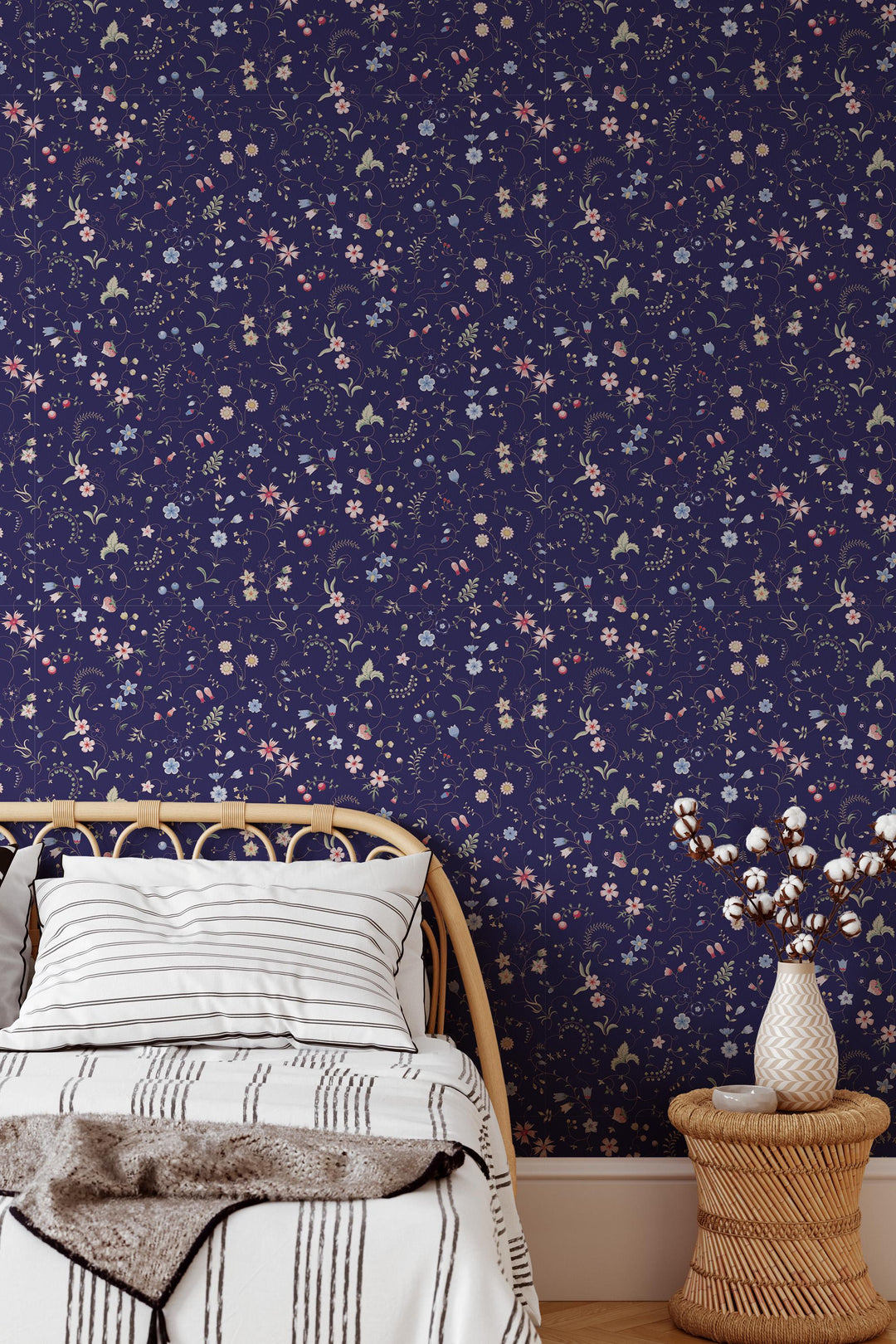 Tiny wildflowers wallpaper, dark blue background - Peel and Stick wallpaper, Traditional Canvas 3680