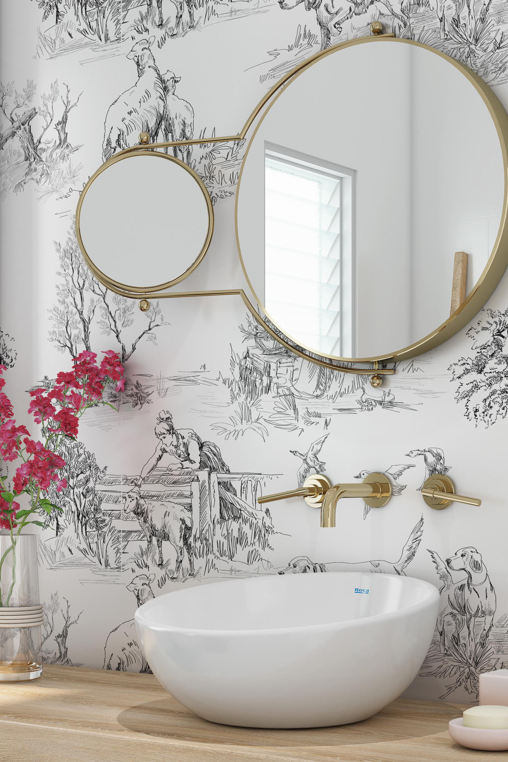 Rustic motifs wallpaper, toile design- Peel and Stick wallpaper-Traditional wallpaper #3685