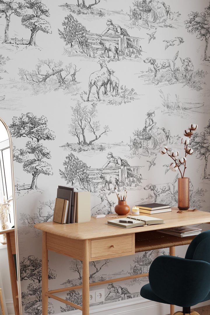 Rustic motifs wallpaper, toile design- Peel and Stick wallpaper-Traditional wallpaper #3685