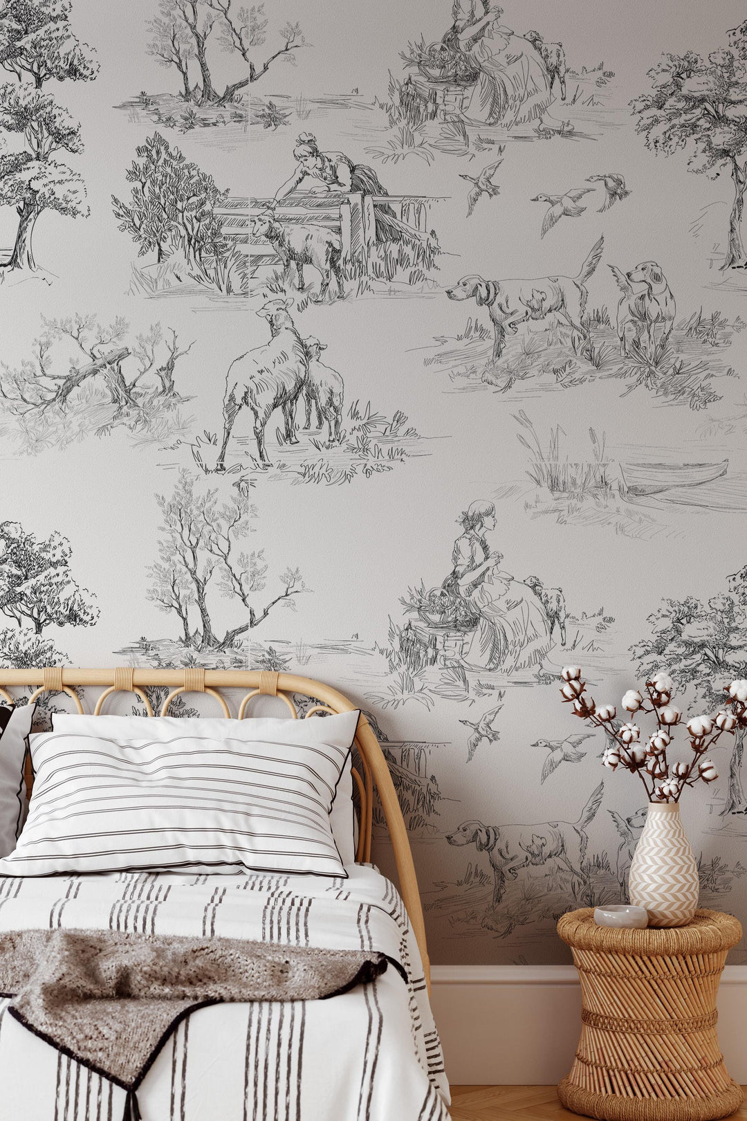 Rustic motifs wallpaper, toile design- Peel and Stick wallpaper-Traditional wallpaper #3685