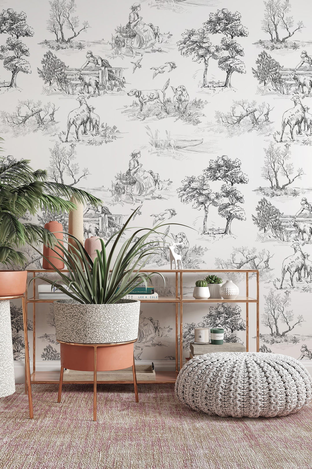 Rustic motifs wallpaper, toile design- Peel and Stick wallpaper-Traditional wallpaper #3685