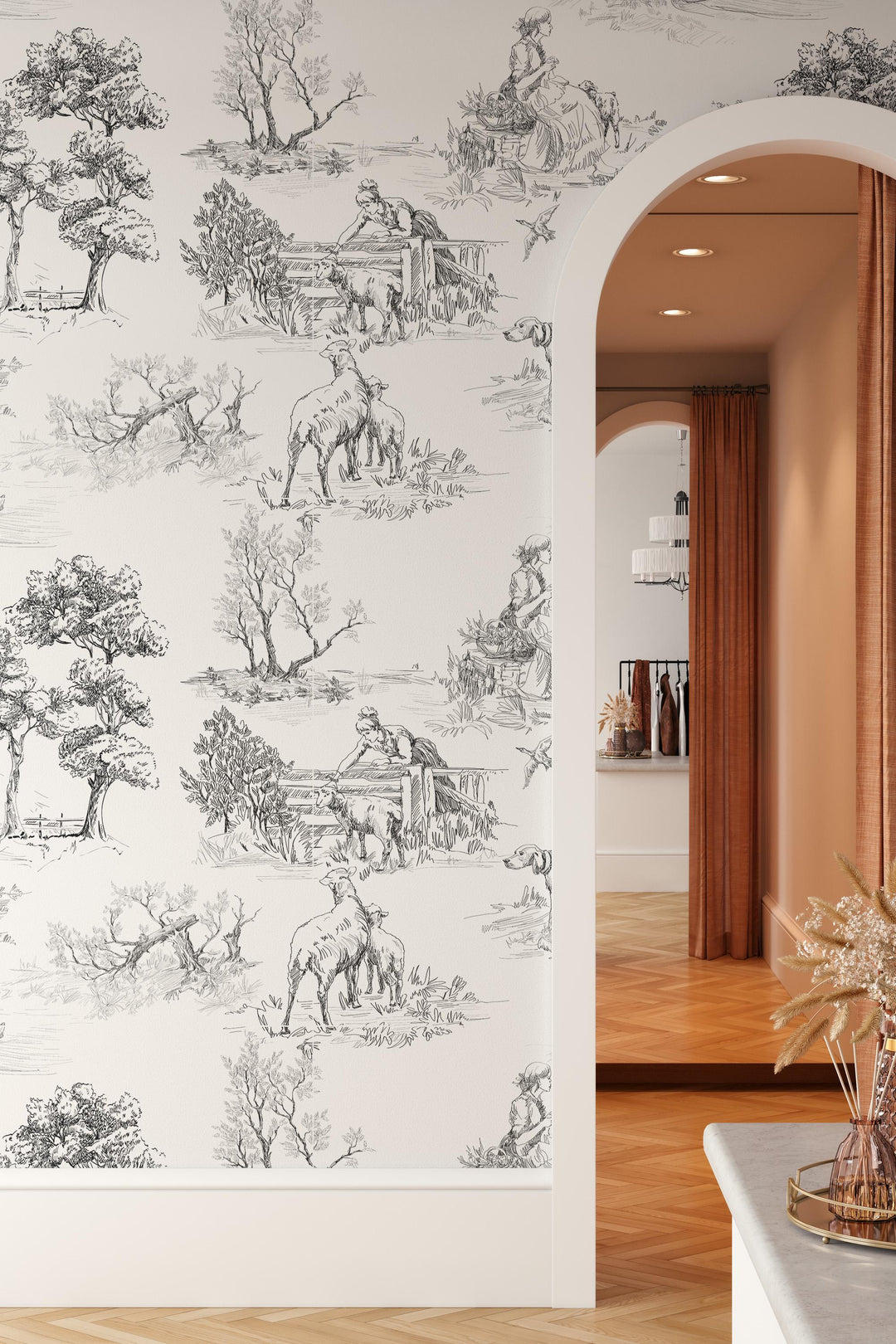 Rustic motifs wallpaper, toile design- Peel and Stick wallpaper-Traditional wallpaper #3685