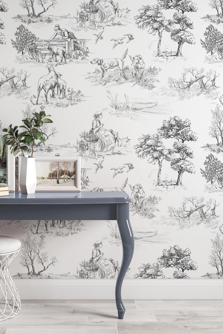 Rustic motifs wallpaper, toile design- Peel and Stick wallpaper-Traditional wallpaper #3685