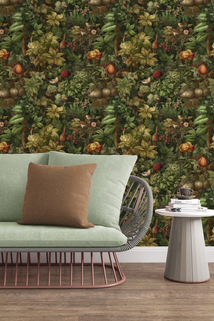 Leaves and birds  - Peel and Stick wallpaper, Traditional wallpaper design #3674