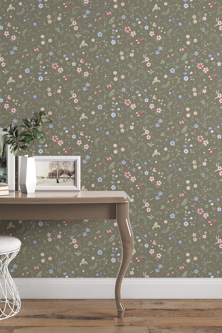 EXCLUSIVE PATTERNS - Mixed herbs Gunsmoke Peel & Stick wallpaper - Removable Self Adhesive and traditional wallpaper #3682