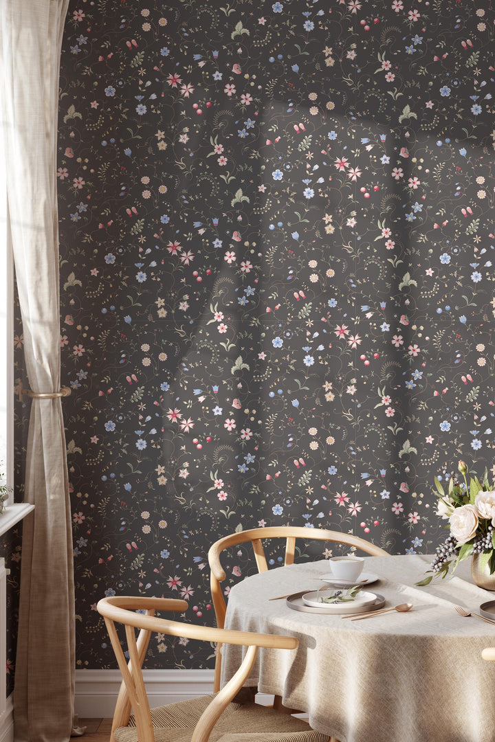 EXCLUSIVE PATTERNS - Mixed herbs on dark  Peel & Stick wallpaper - Removable Self Adhesive and traditional wallpaper #3677