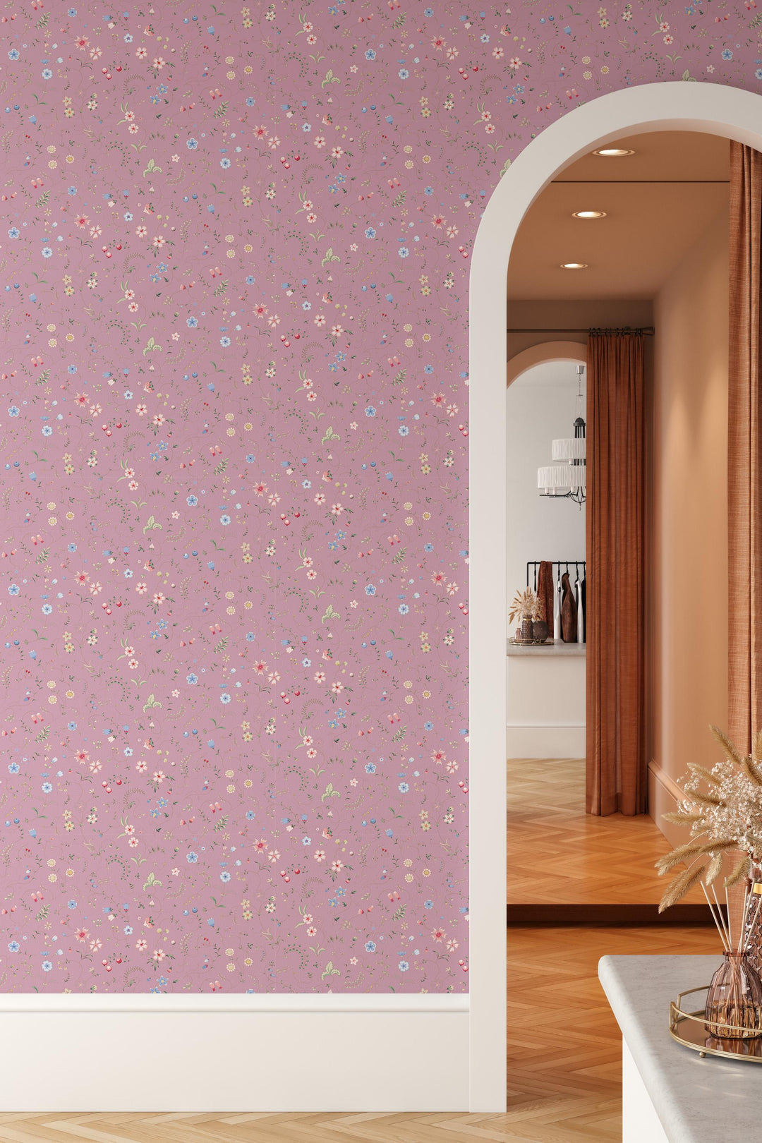 Mixed herbs on dark pink  Peel & Stick wallpaper - Removable Self Adhesive and traditional wallpaper #3678