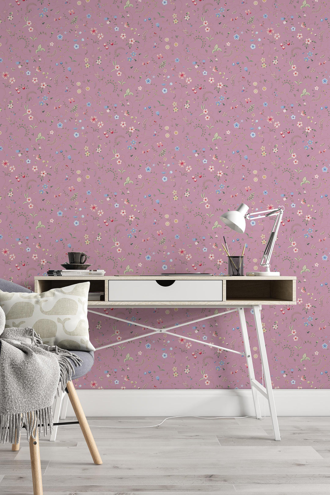 EXCLUSIVE PATTERNS - Mixed herbs on dark pink  Peel & Stick wallpaper - Removable Self Adhesive and traditional wallpaper #3678