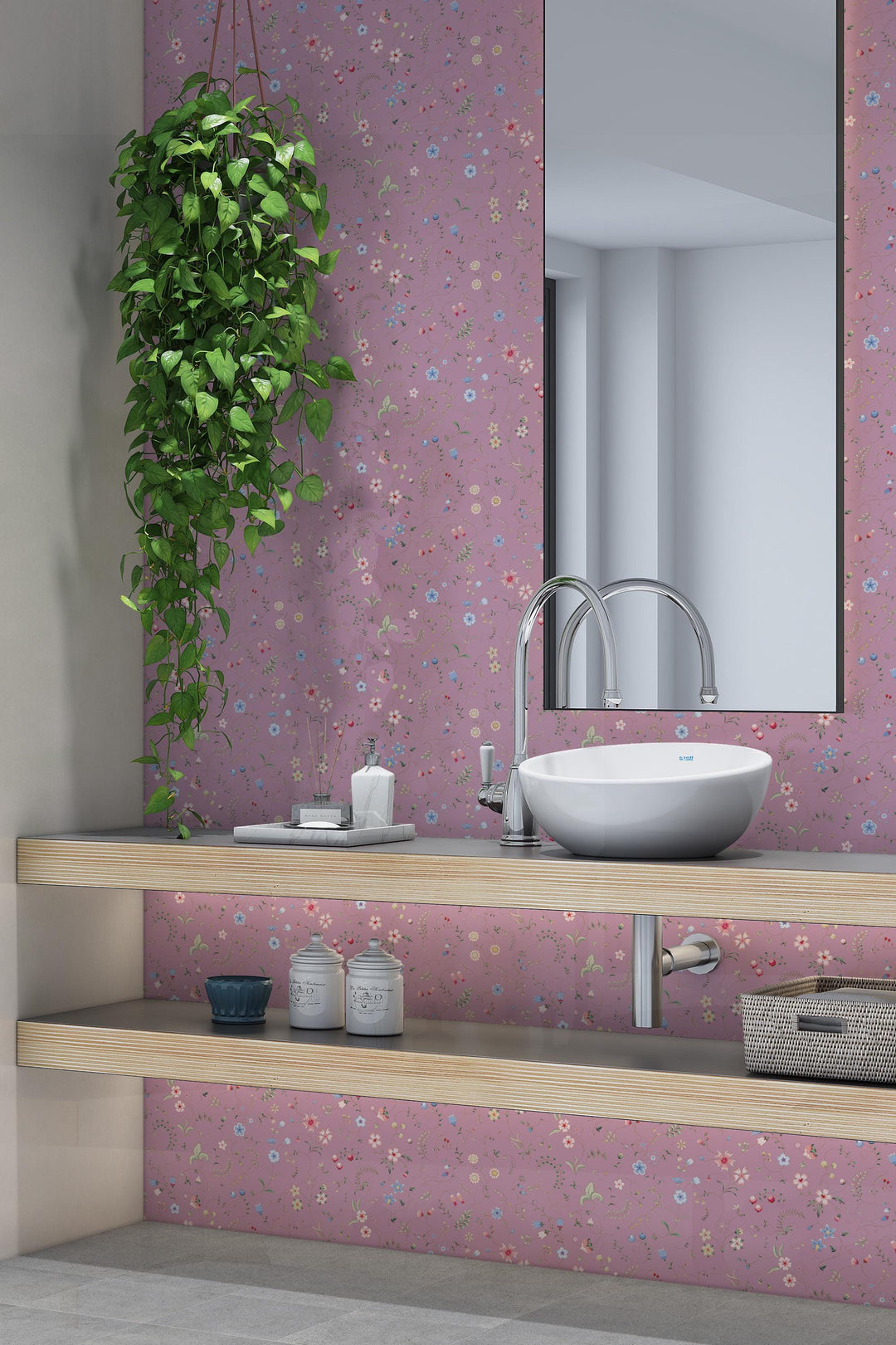 EXCLUSIVE PATTERNS - Mixed herbs on dark pink  Peel & Stick wallpaper - Removable Self Adhesive and traditional wallpaper #3678