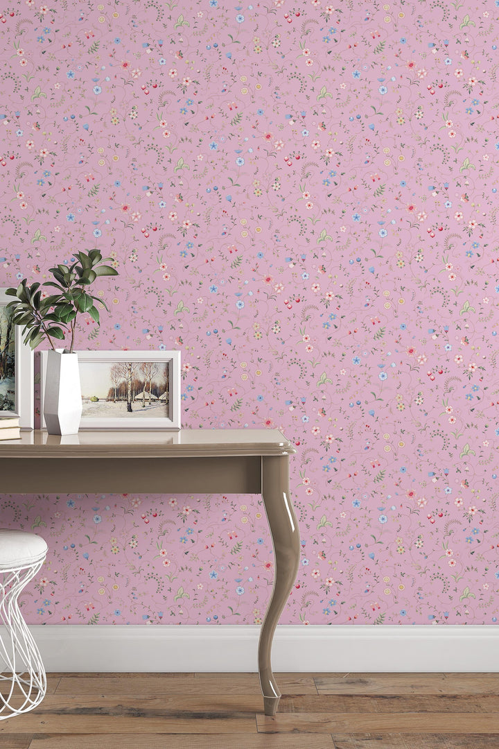 EXCLUSIVE PATTERNS - Mixed herbs on pink Peel & Stick wallpaper - Removable Self Adhesive and traditional wallpaper #3679