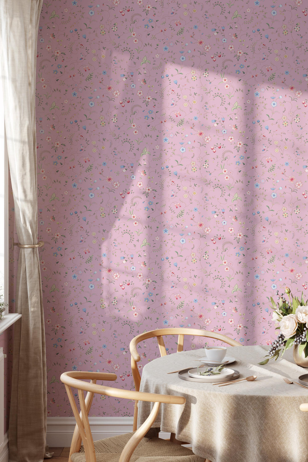 EXCLUSIVE PATTERNS - Mixed herbs on pink Peel & Stick wallpaper - Removable Self Adhesive and traditional wallpaper #3679