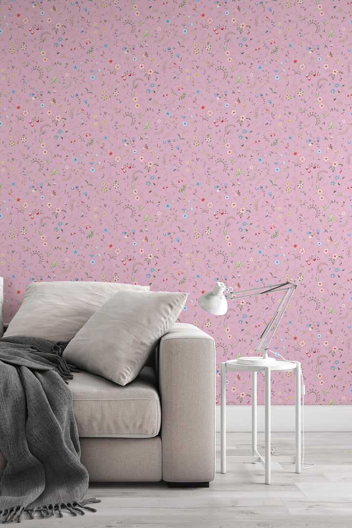 EXCLUSIVE PATTERNS - Mixed herbs on pink Peel & Stick wallpaper - Removable Self Adhesive and traditional wallpaper #3679