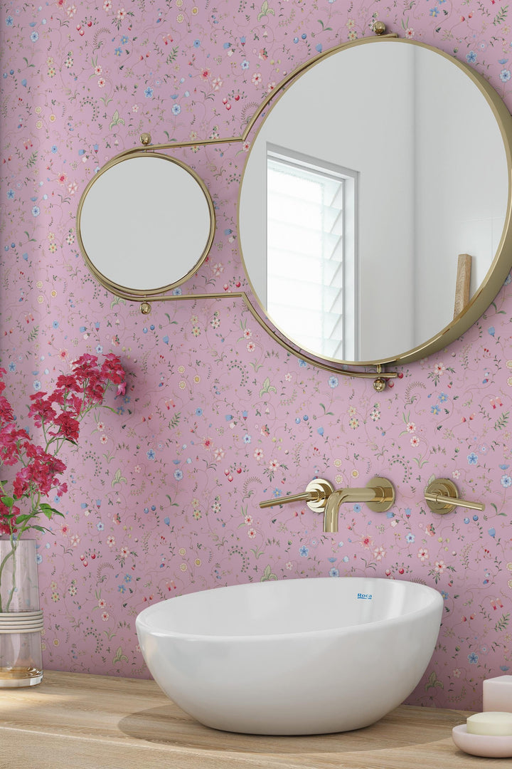 EXCLUSIVE PATTERNS - Mixed herbs on pink Peel & Stick wallpaper - Removable Self Adhesive and traditional wallpaper #3679