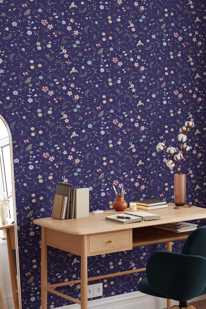 Tiny wildflowers wallpaper, dark blue background - Peel and Stick wallpaper, Traditional Canvas 3680