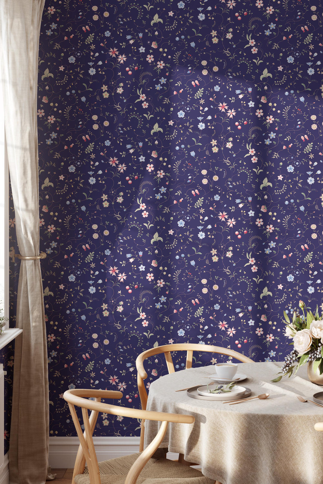 Tiny wildflowers wallpaper, dark blue background - Peel and Stick wallpaper, Traditional Canvas 3680