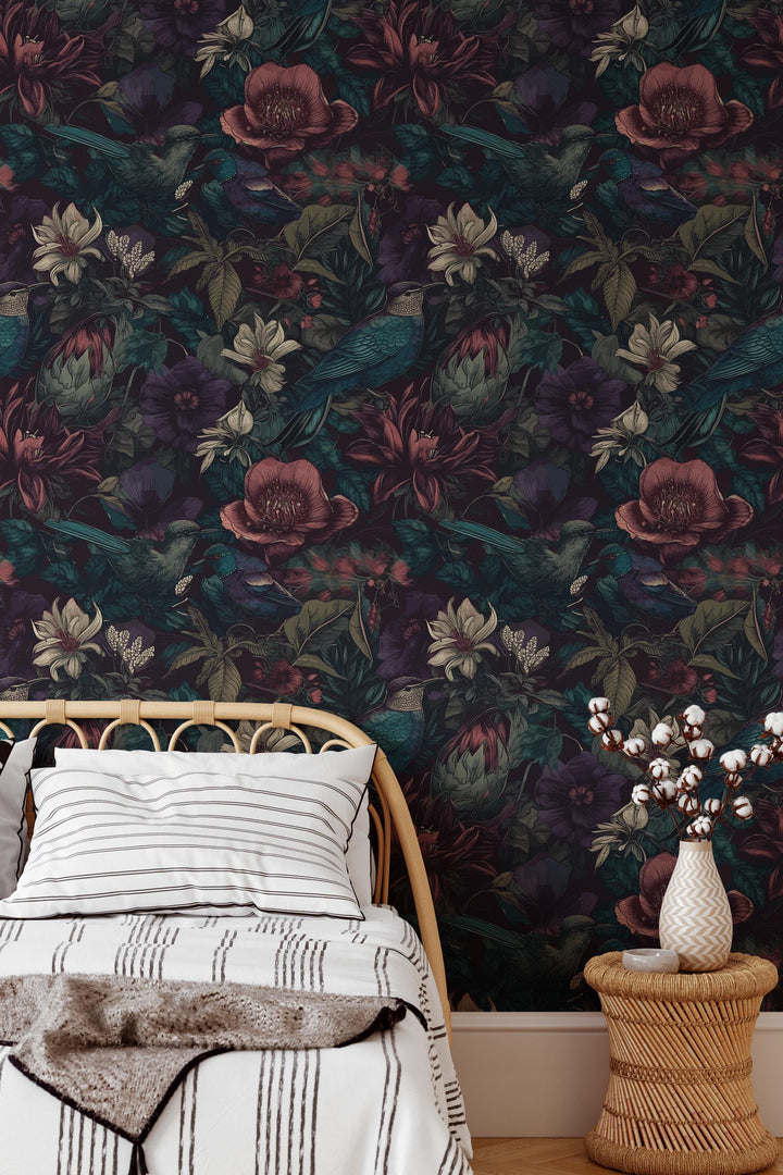 Dark wallpaper, birds - Peel and Stick wallpaper, Traditional wallpaper design #3684