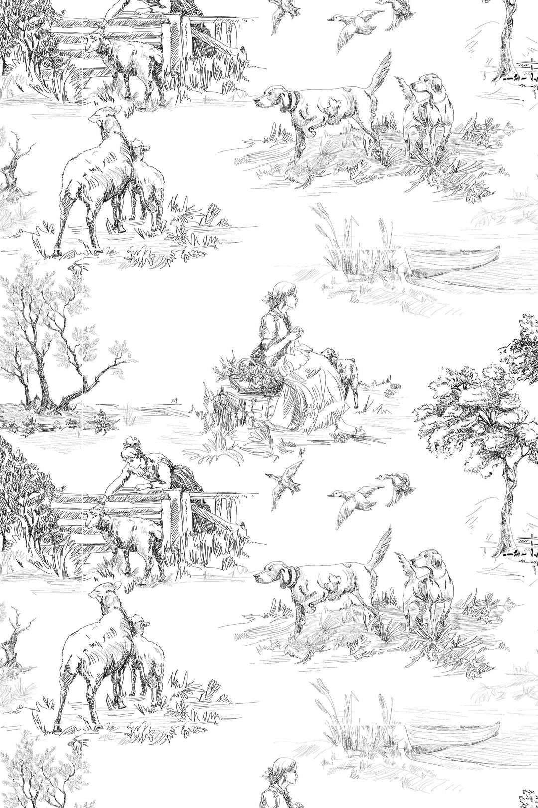 Rustic motifs wallpaper, toile design- Peel and Stick wallpaper-Traditional wallpaper #3685