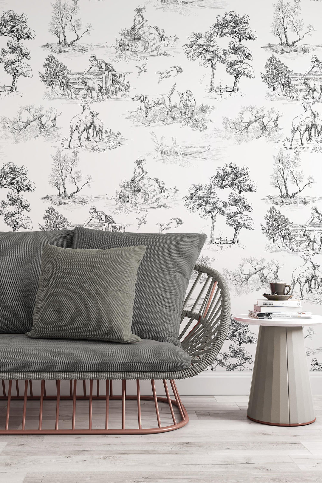 Rustic motifs wallpaper, toile design- Peel and Stick wallpaper-Traditional wallpaper #3685