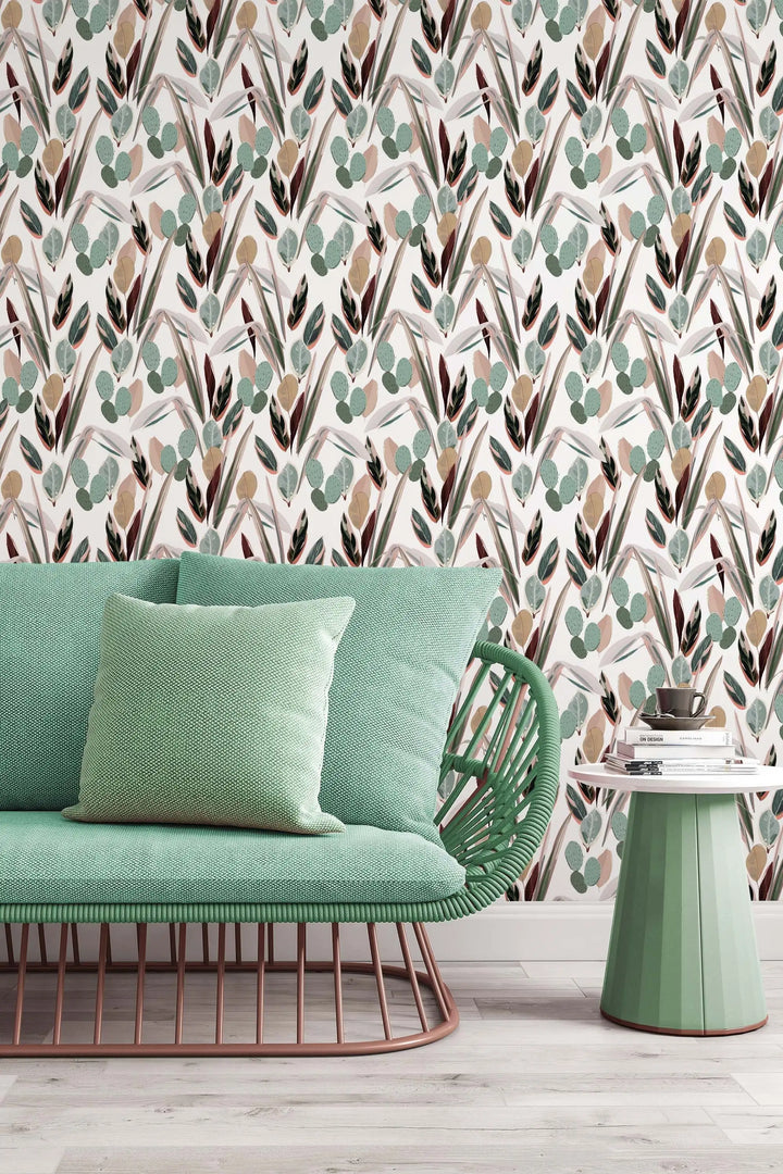 Neutral abstract tropical leaves wallpaper mural pattern