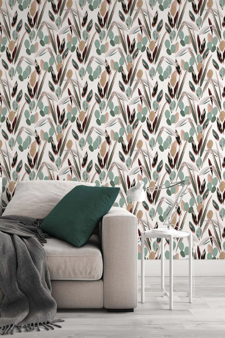 Neutral abstract tropical leaves wallpaper mural pattern