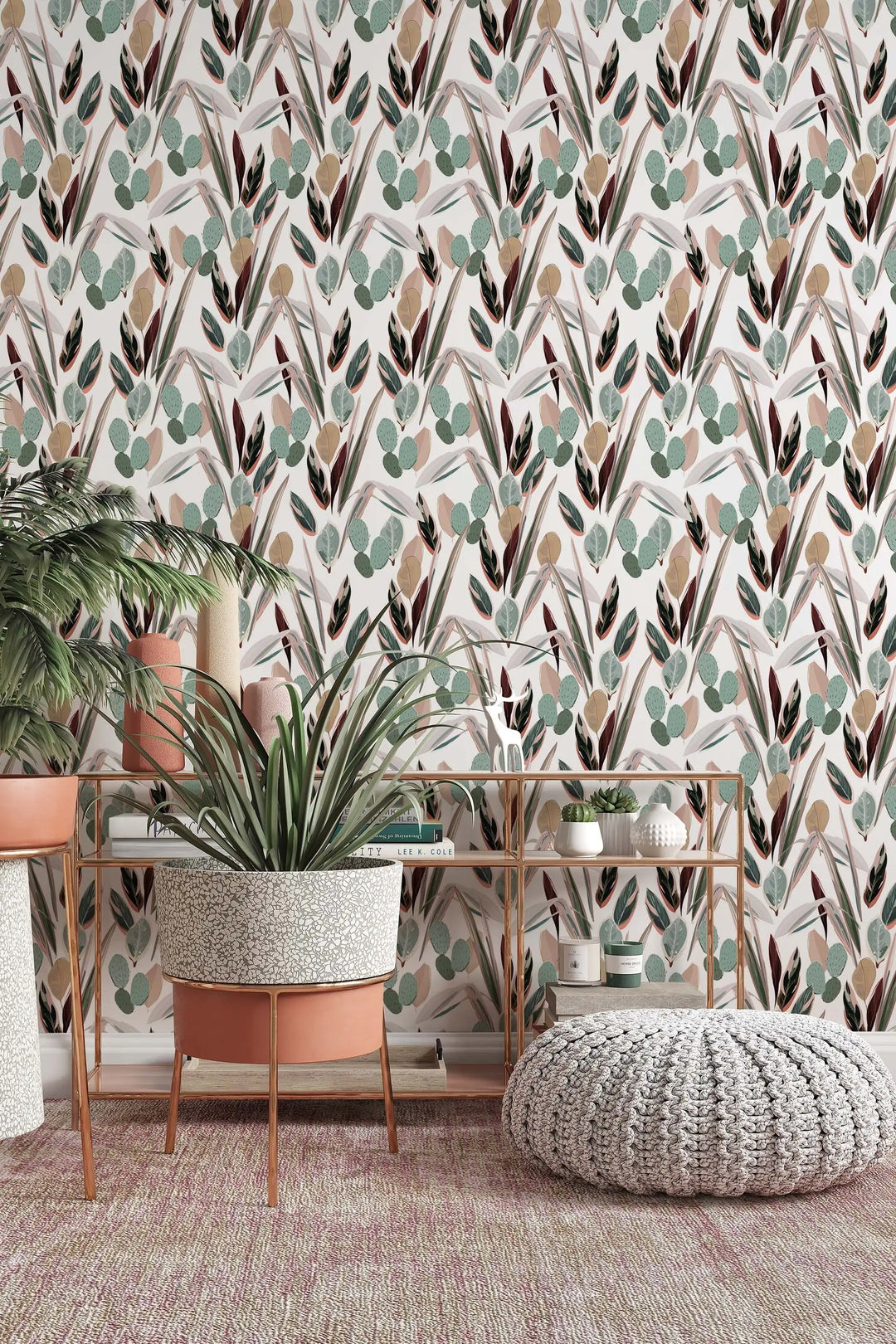 Neutral abstract tropical leaves wallpaper mural pattern