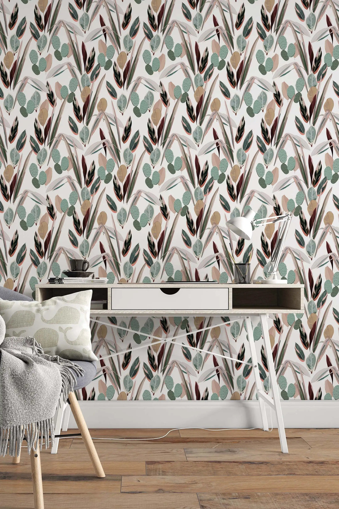 Neutral abstract tropical leaves wallpaper mural pattern