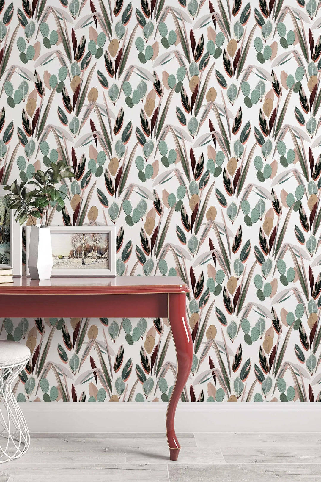 Neutral abstract tropical leaves wallpaper mural pattern