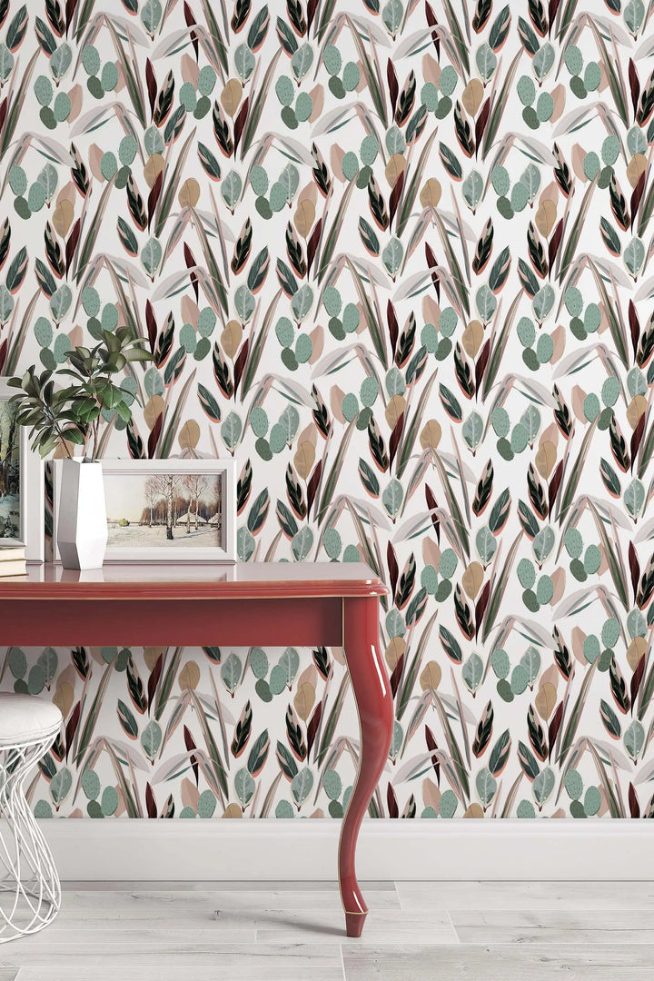 Neutral abstract tropical leaves wallpaper mural pattern