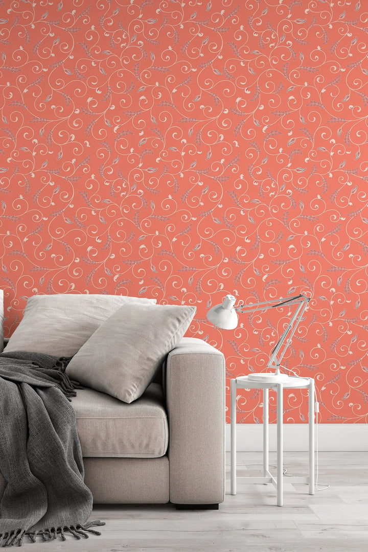 Orange floral ornament peel and stick wallpaper wall decor