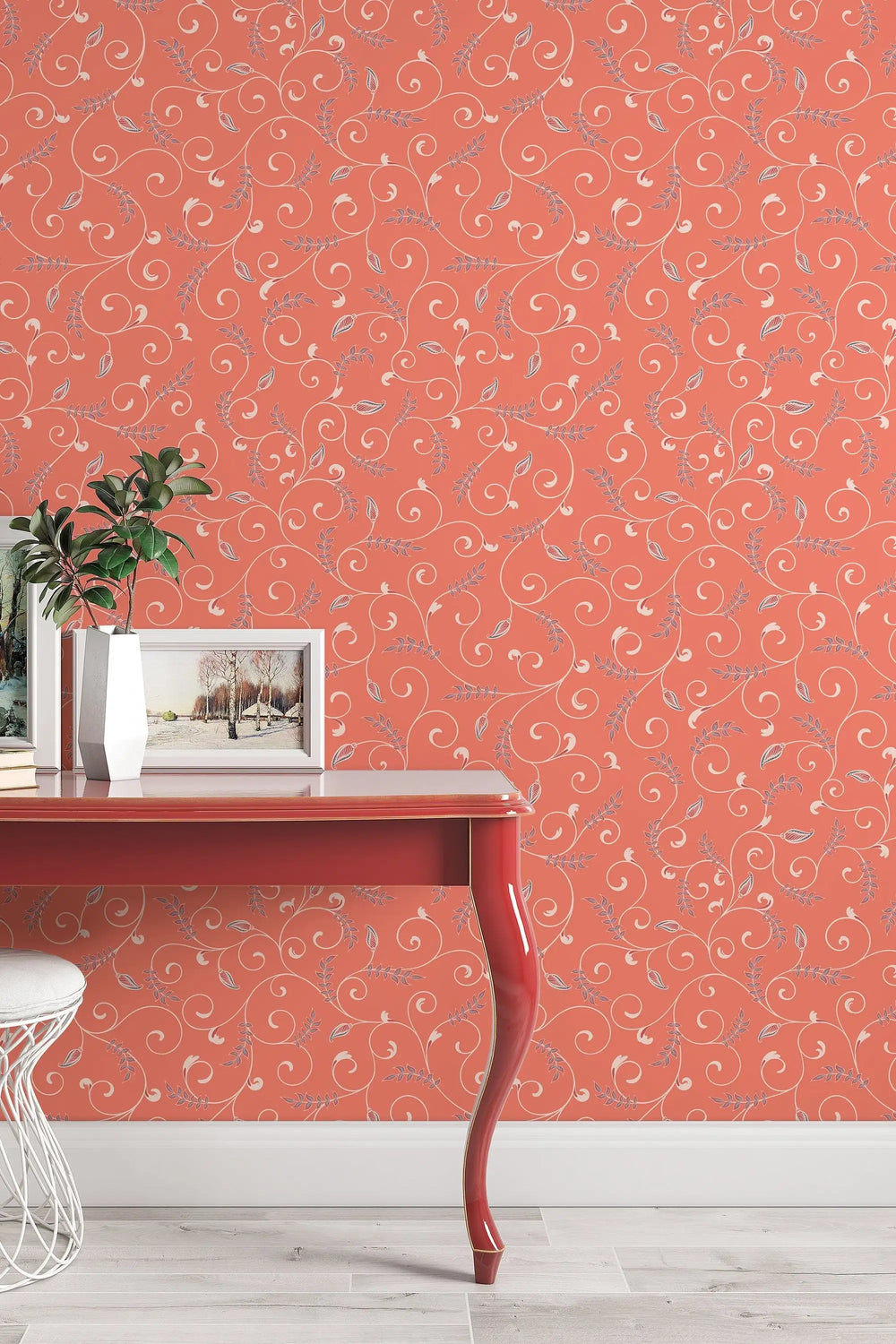 Orange floral ornament peel and stick wallpaper wall decor