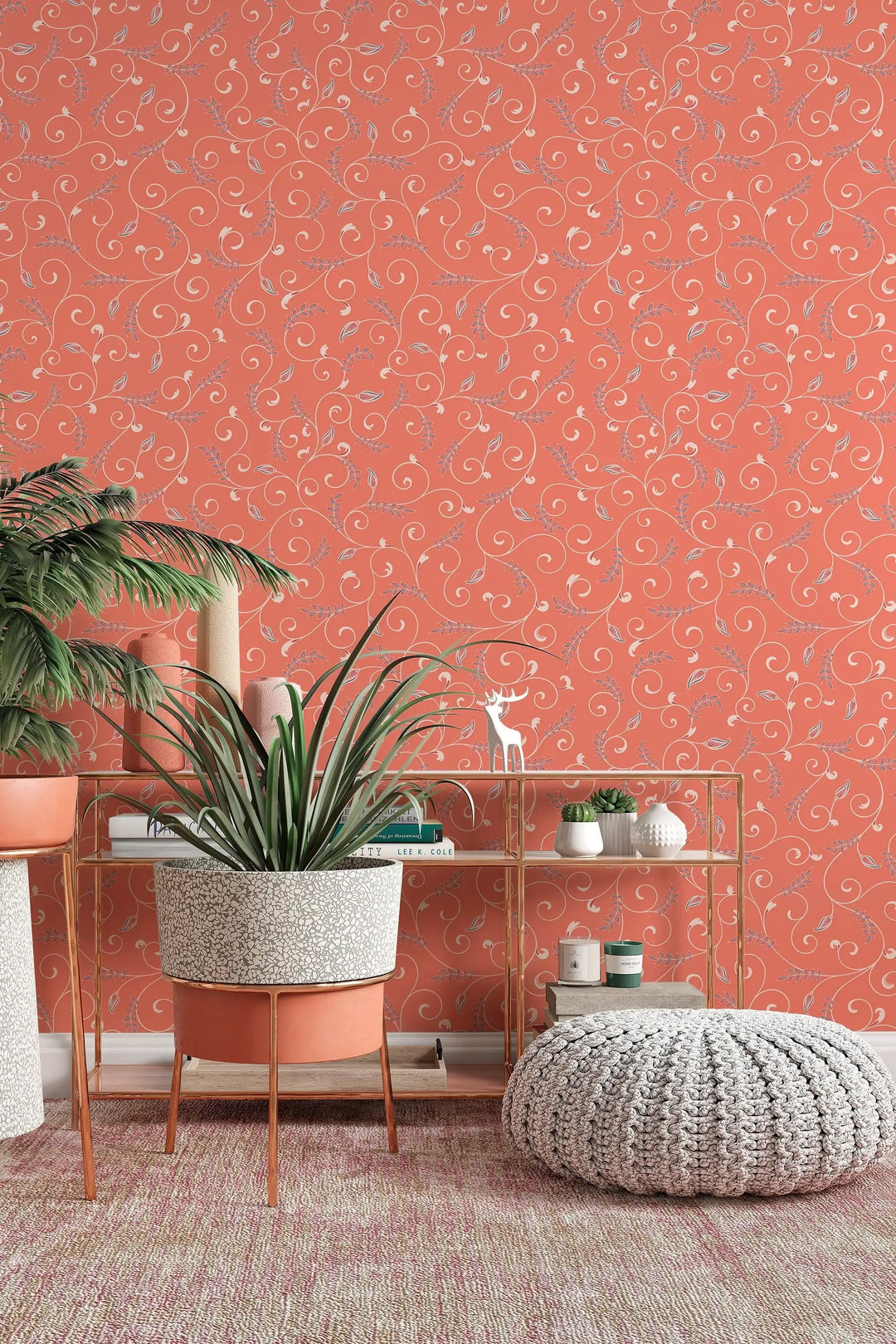 Orange floral ornament peel and stick wallpaper wall decor