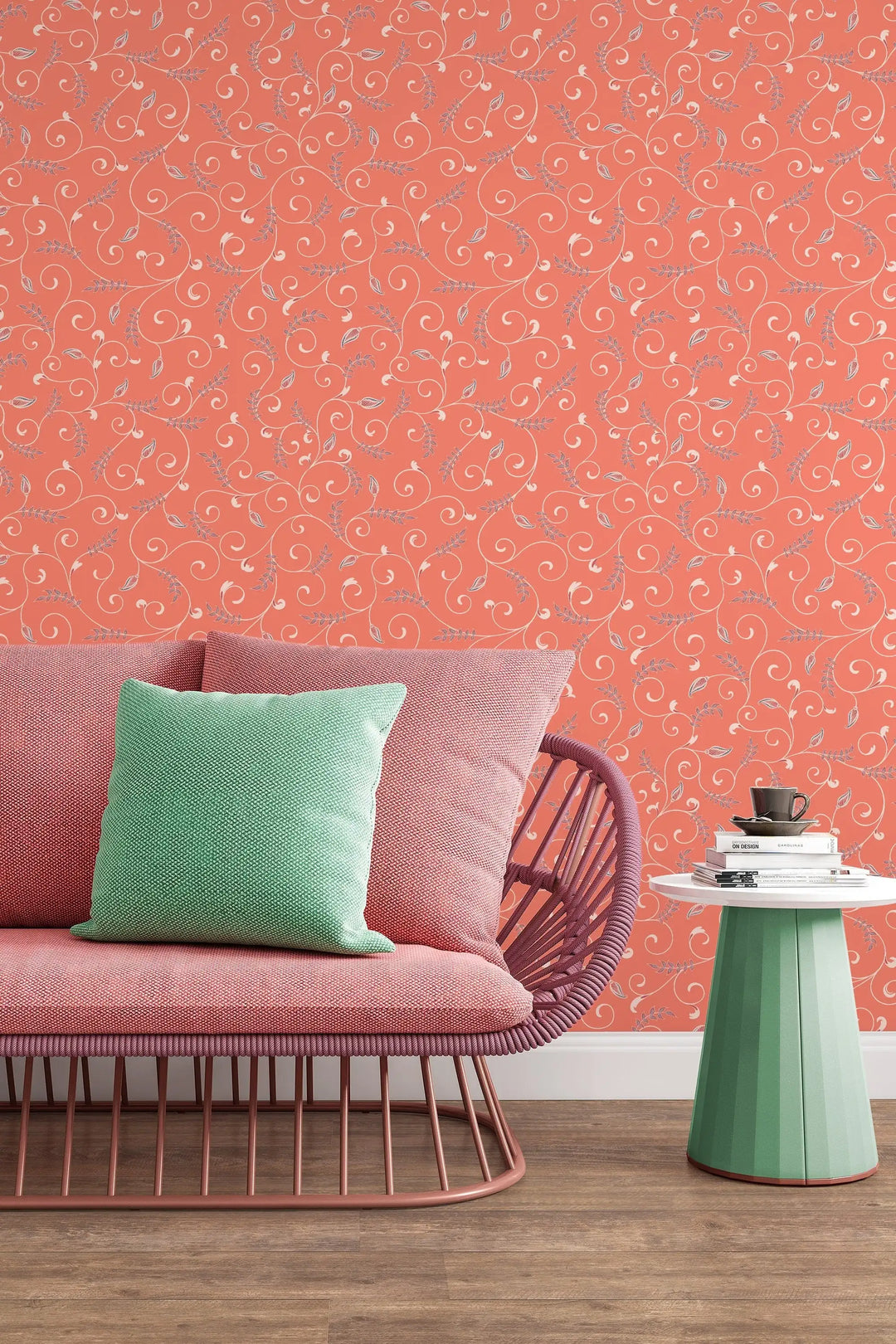 Orange floral ornament peel and stick wallpaper wall decor