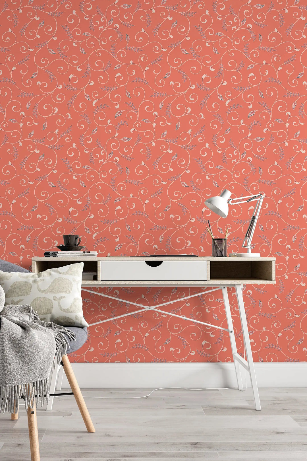 Orange floral ornament peel and stick wallpaper wall decor