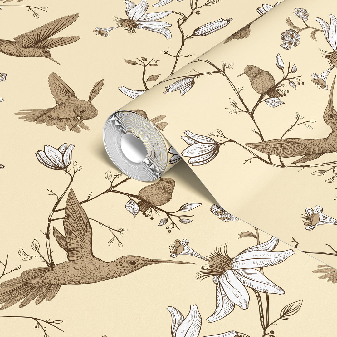 Roll of cream hummingbird wallpaper featuring a vintage botanical floral bird pattern