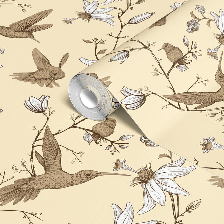 Roll of cream hummingbird wallpaper featuring a vintage botanical floral bird pattern